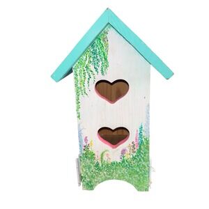 Handmade Wooden Birdhouse Heart Cutouts Painted Floral Garden Cottage Folk Art